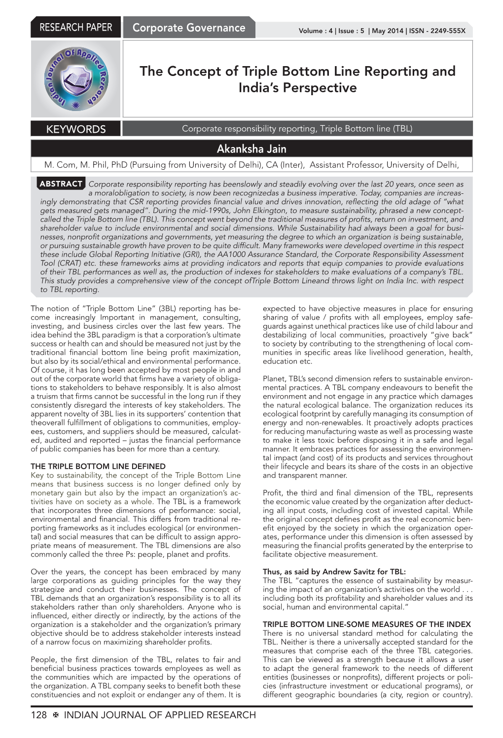 The Concept of Triple Bottom Line Reporting and India's Perspective