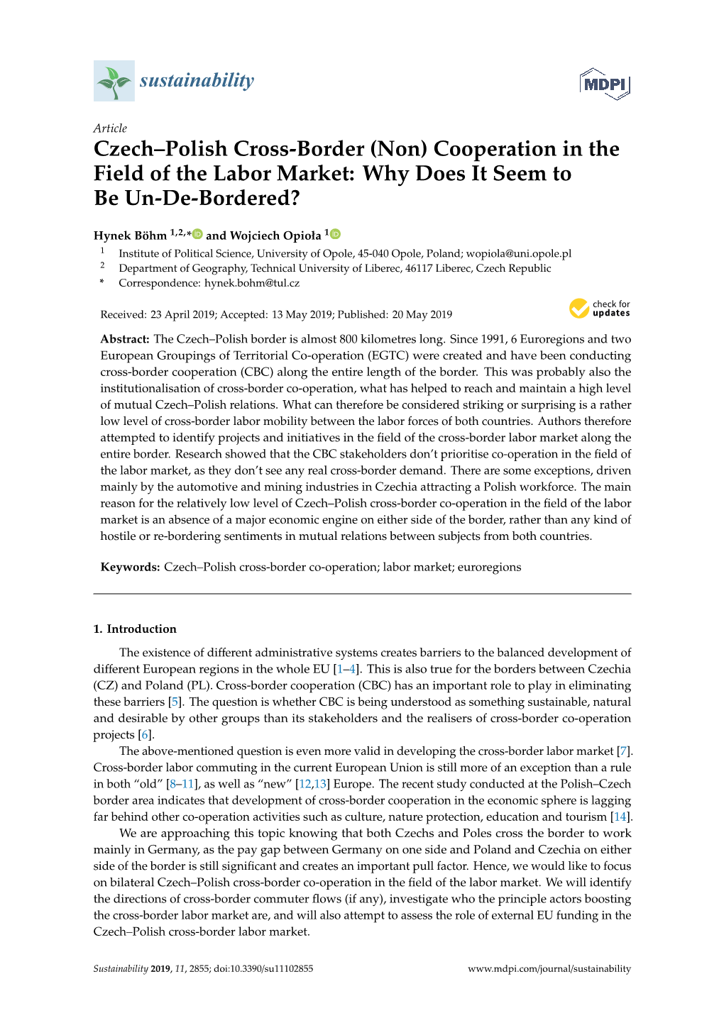 Czech–Polish Cross-Border (Non) Cooperation in the Field of the Labor Market: Why Does It Seem to Be Un-De-Bordered?