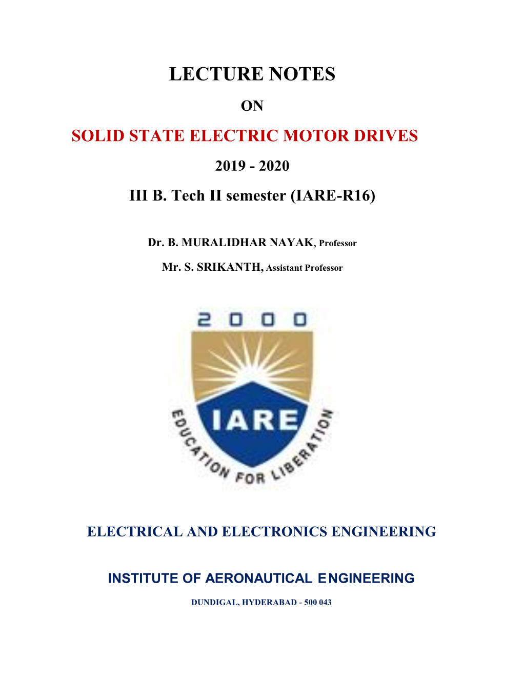 Lecture Notes on Solid State Electric Motor Drives 2019 - 2020 Iii B