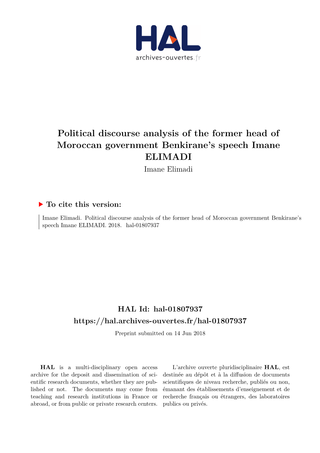 Political Discourse Analysis of the Former Head of Moroccan Government Benkirane’S Speech Imane ELIMADI Imane Elimadi