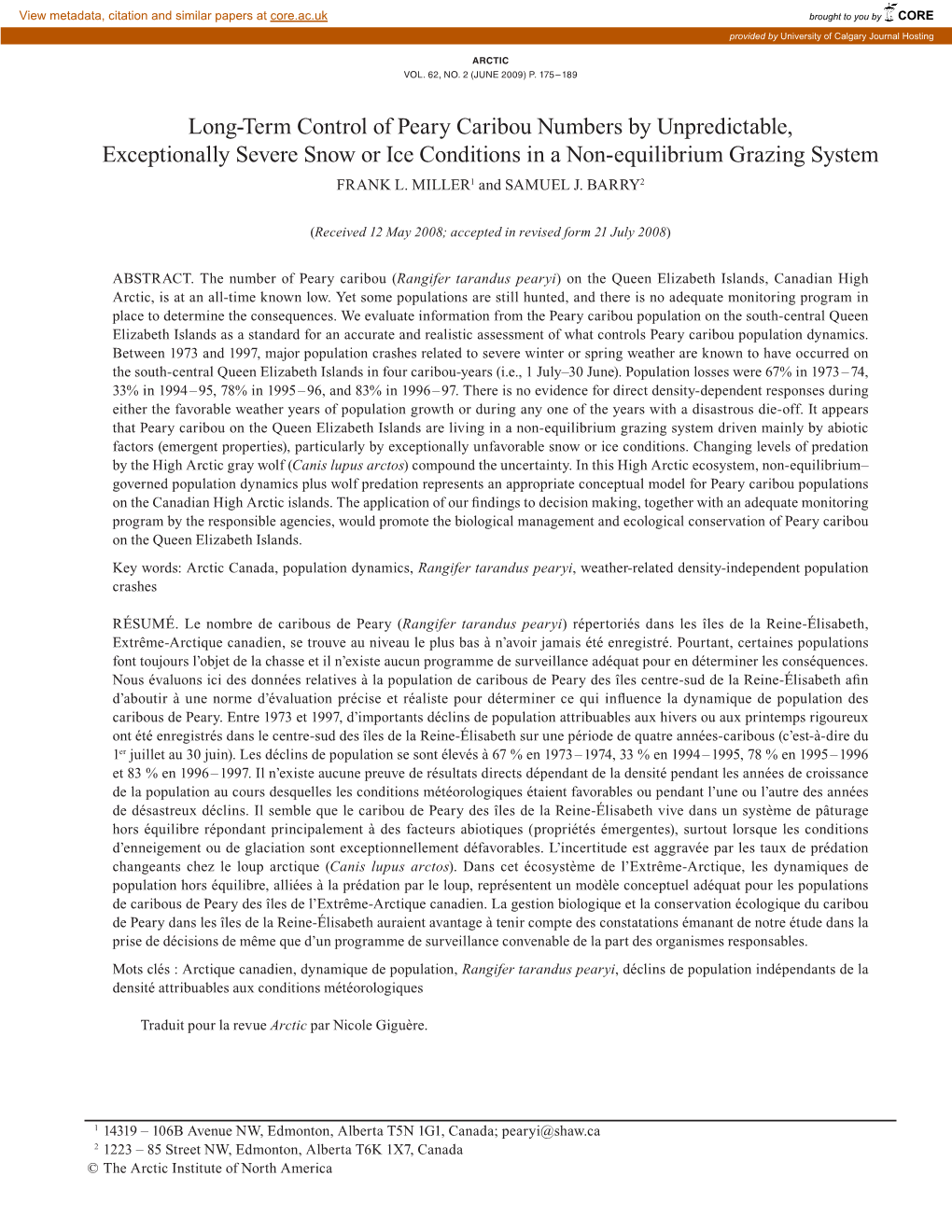 Long-Term Control of Peary Caribou Numbers by Unpredictable, Exceptionally Severe Snow Or Ice Conditions in a Non-Equilibrium Grazing System Frank L