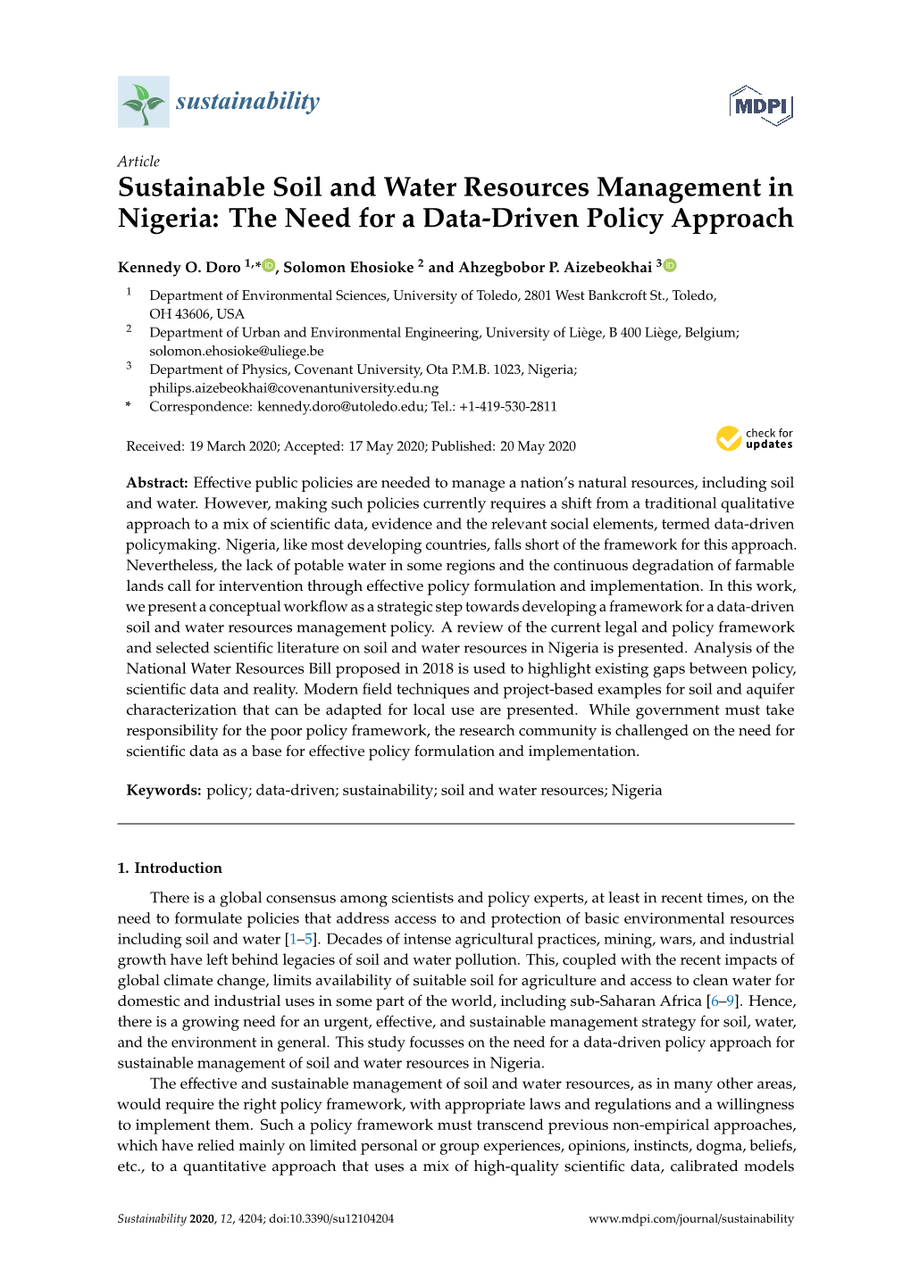 Sustainable Soil and Water Resources Management in Nigeria: the Need for a Data-Driven Policy Approach