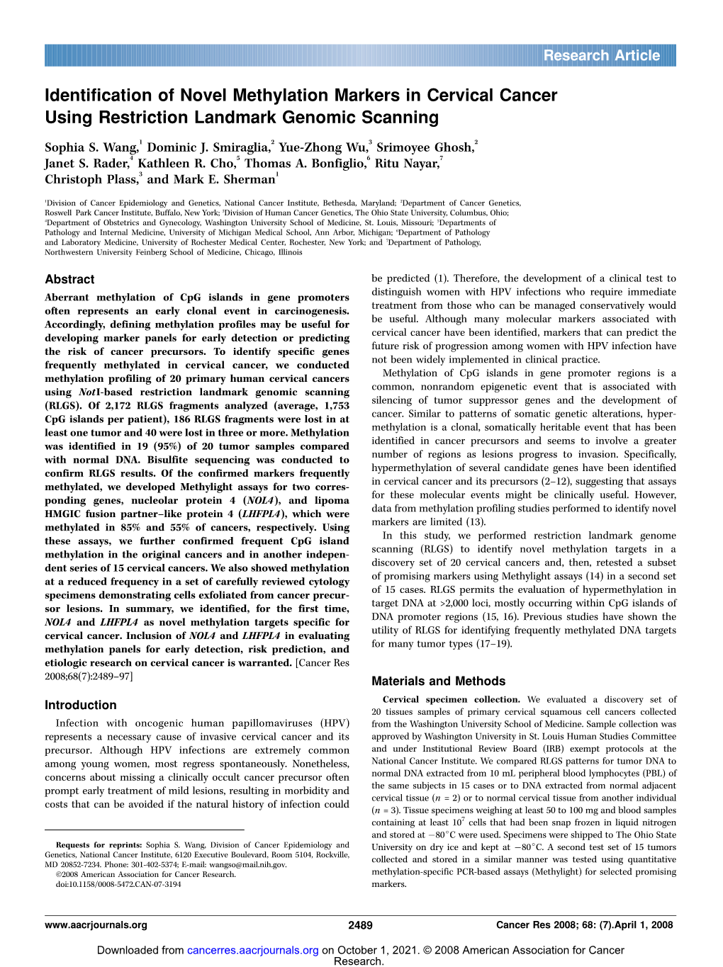 Identification of Novel Methylation Markers in Cervical Cancer Using Restriction Landmark Genomic Scanning