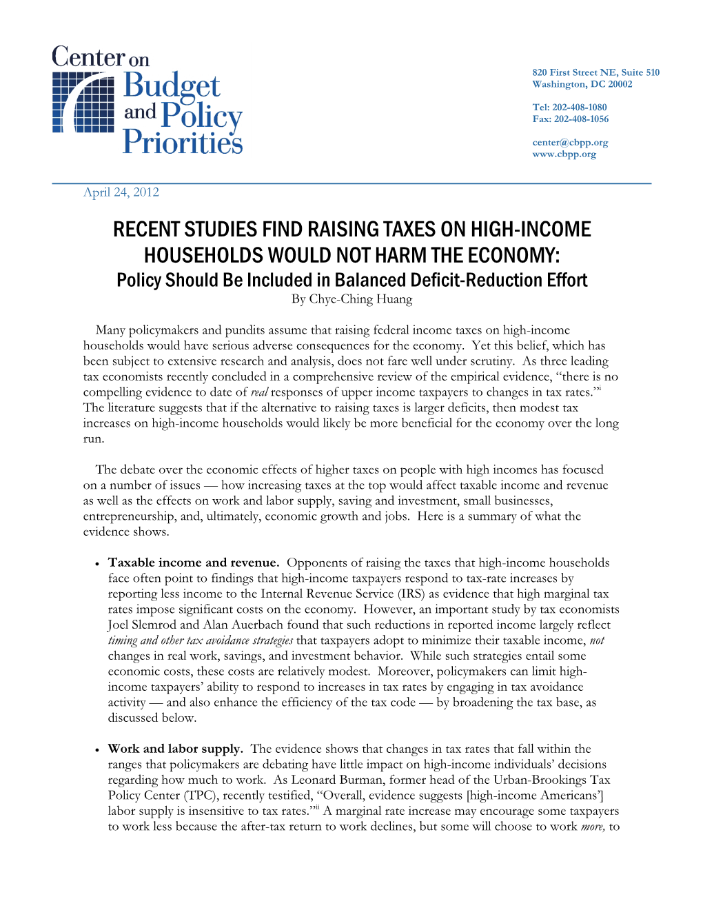 Recent Studies Find Raising Taxes on High-Income Households Would