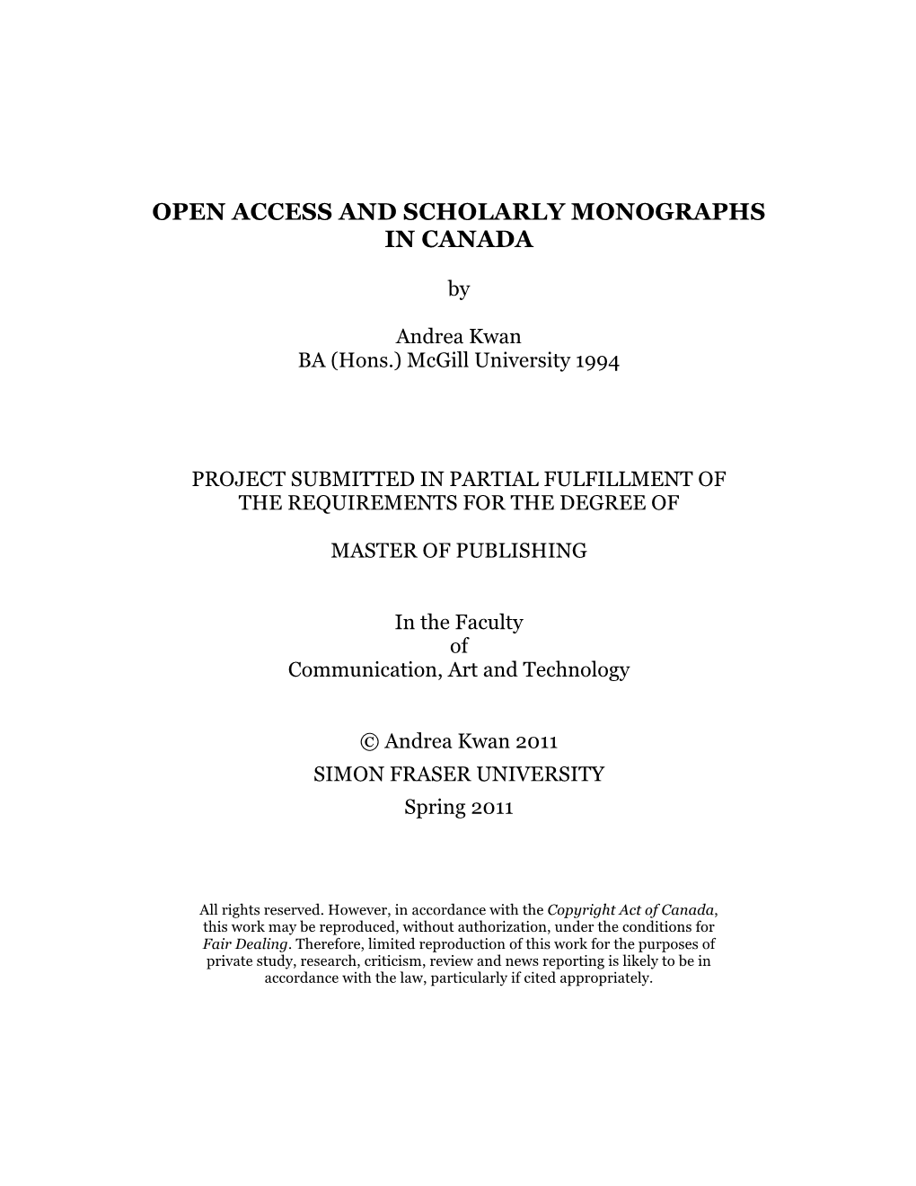 Open Access and Scholarly Monographs in Canada
