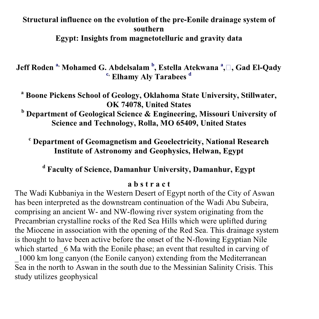 Structural Influence on the Evolution of the Pre-Eonile Drainage System of Southern Egypt: Insights from Magnetotelluric and Gravity Data