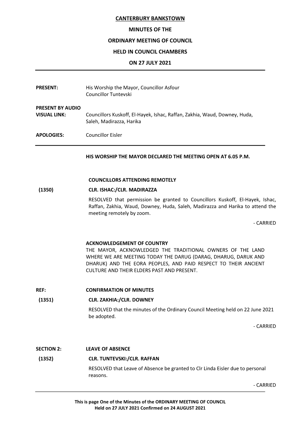 Minutes of Ordinary Meeting of Council