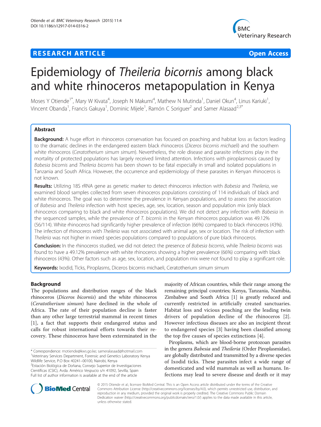 Epidemiology of Theileria Bicornis Among Black and White Rhinoceros Metapopulation in Kenya