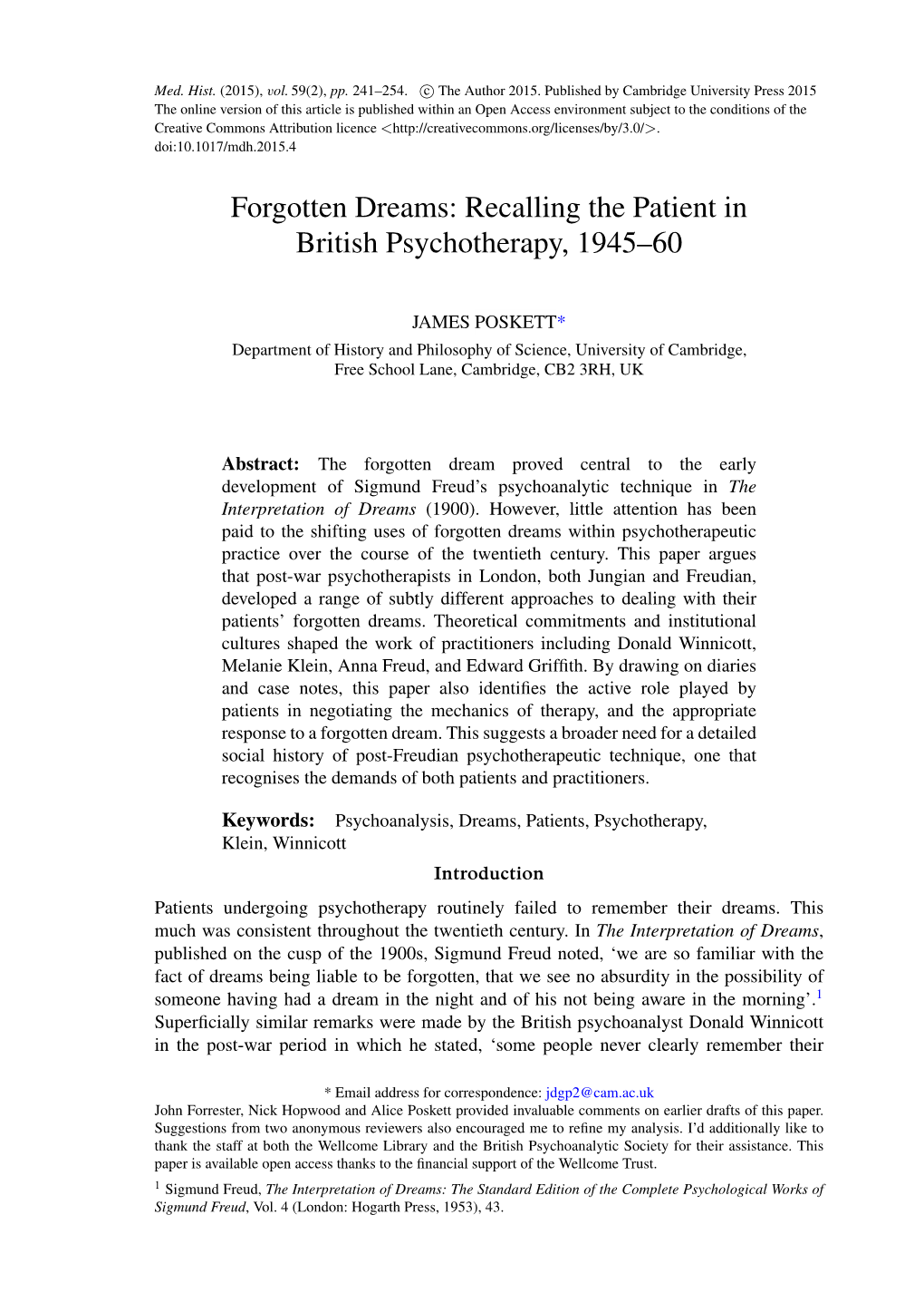 Forgotten Dreams: Recalling the Patient in British Psychotherapy, 1945–60