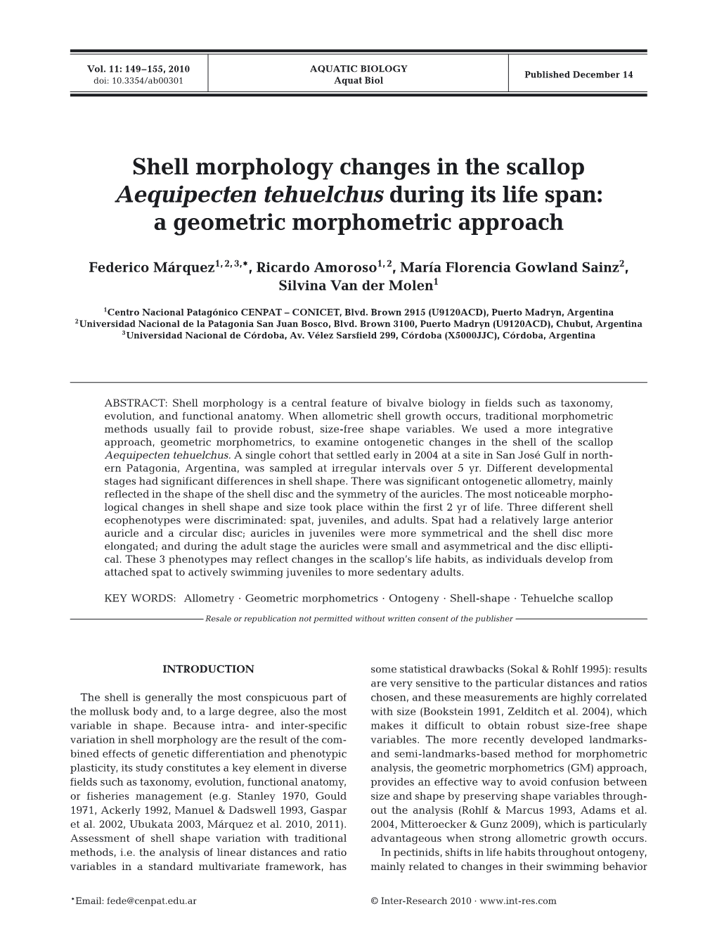 Shell Morphology Changes in the Scallop Aequipecten Tehuelchus During Its Life Span: a Geometric Morphometric Approach