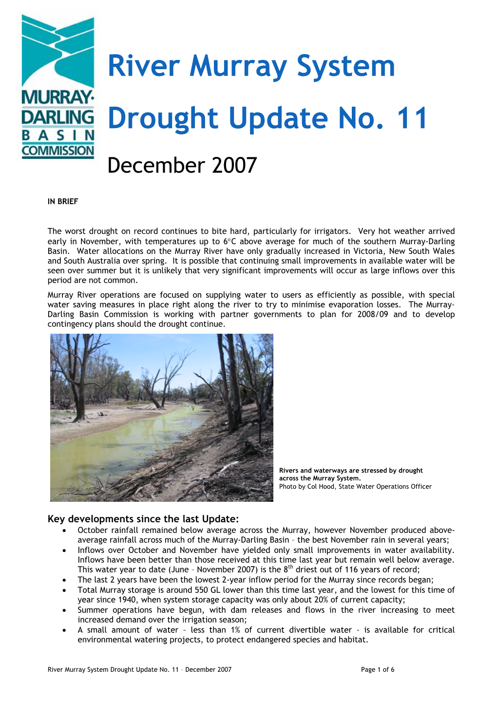 River Murray System Drought Update No. 11 – December 2007