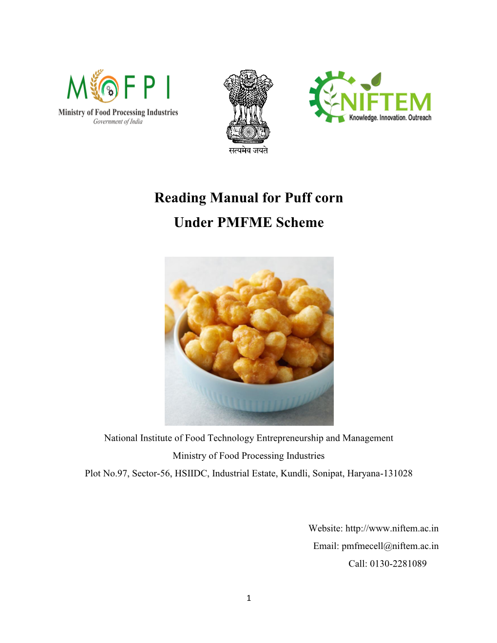 Reading Manual for Puff Corn Under PMFME Scheme