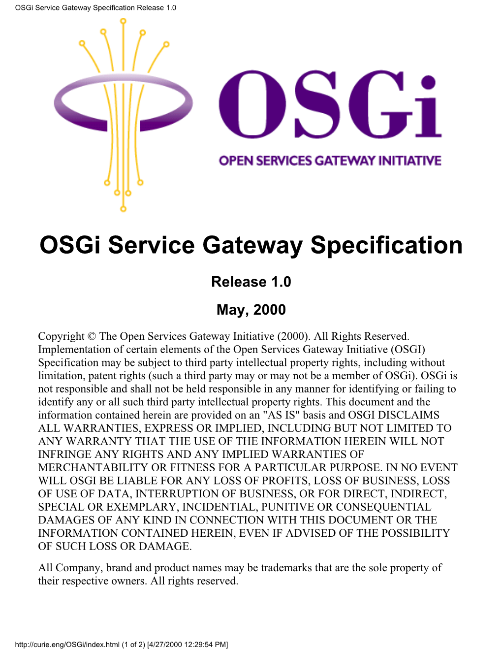 Osgi Service Gateway Specification Release 1.0