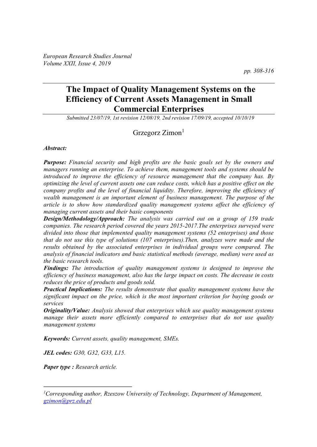 The Impact of Quality Management Systems on the Efficiency of Current