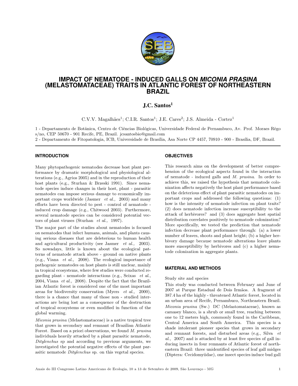 Impact of Nematode - Induced Galls on Miconia Prasina (Melastomataceae) Traits in Atlantic Forest of Northeastern Brazil