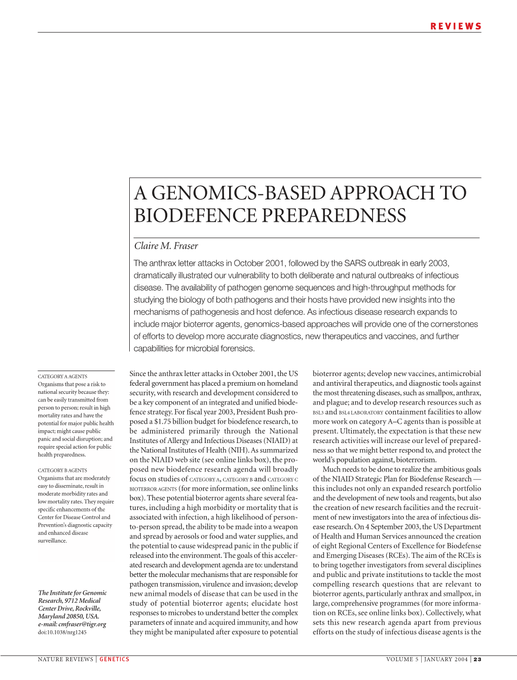 A Genomics-Based Approach to Biodefence Preparedness
