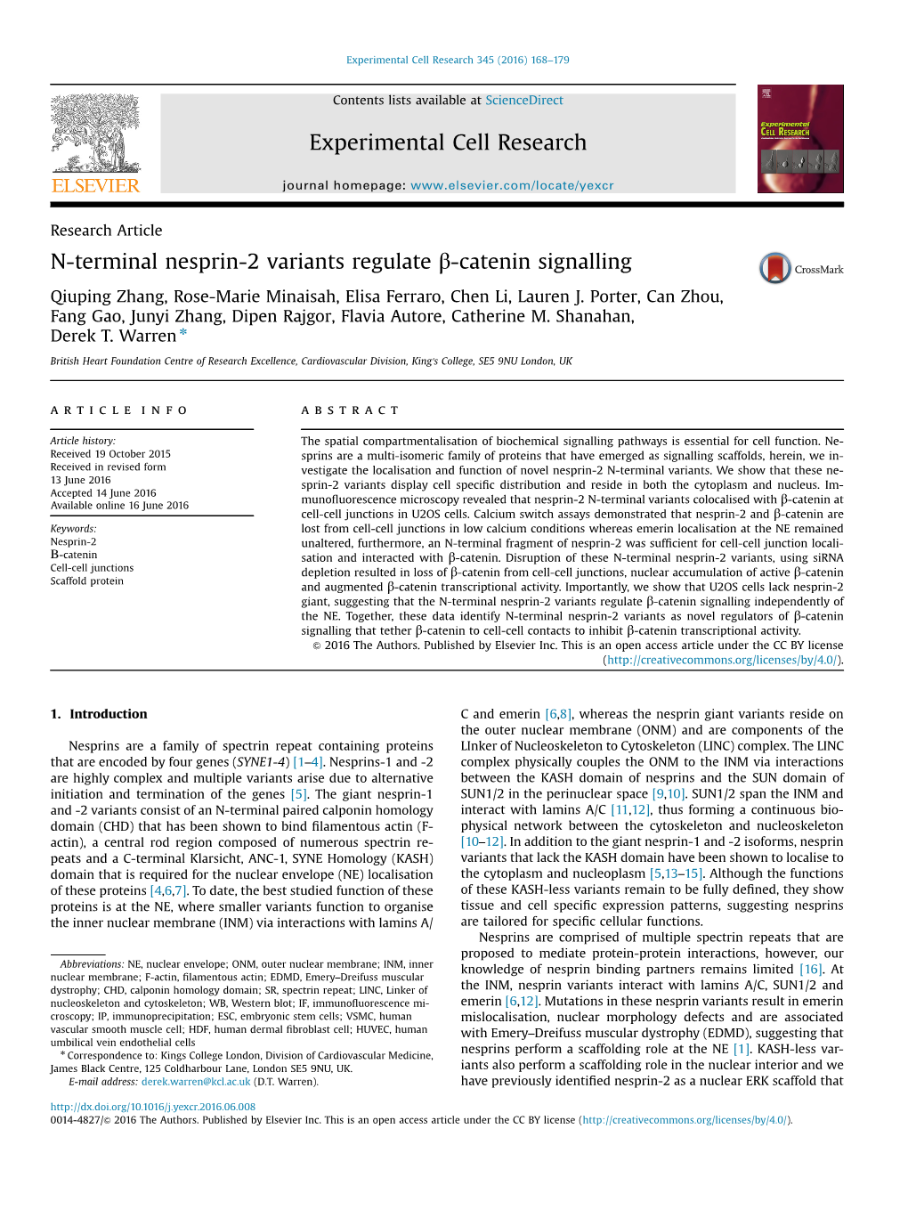 N-Terminal Nesprin-2 Variants Regulate Β-Catenin Signalling