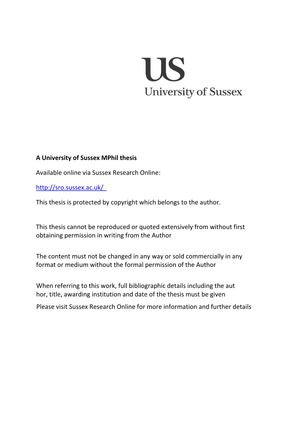 A University of Sussex Mphil Thesis Available Online Via Sussex