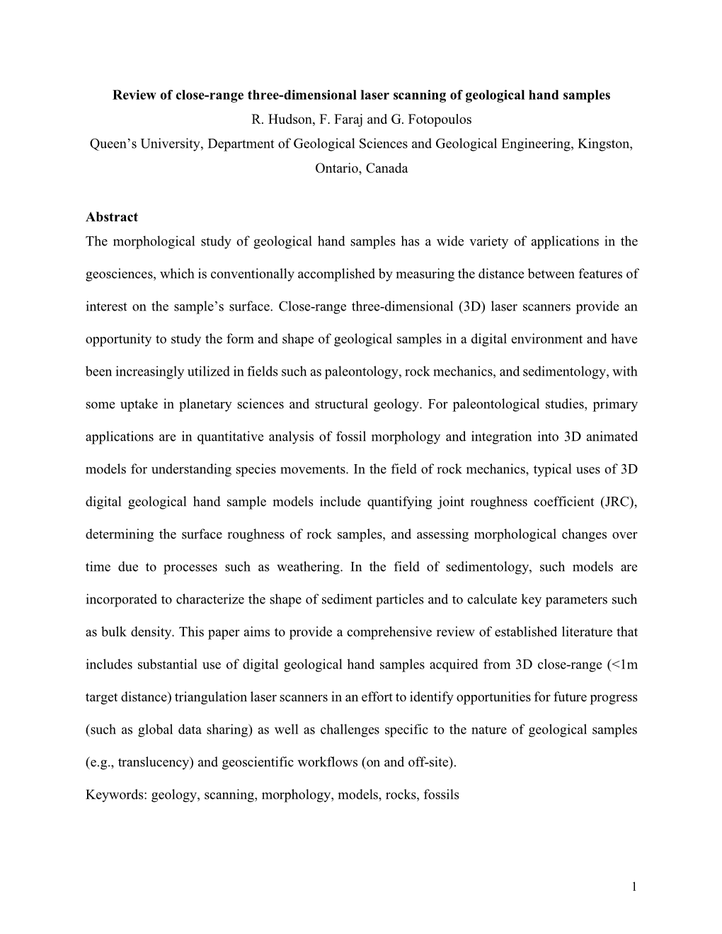 Review of Close-Range Three-Dimensional Laser Scanning of Geological Hand Samples R