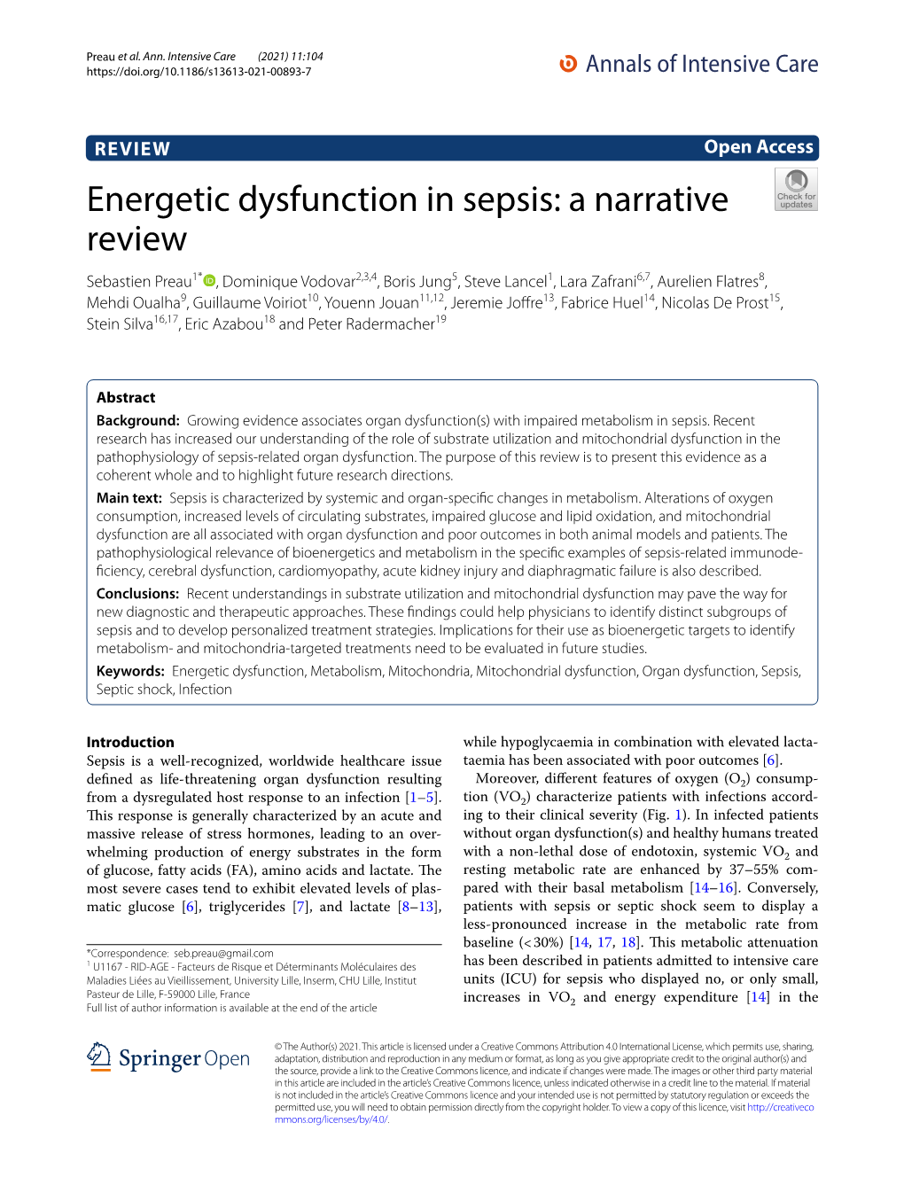 Energetic Dysfunction in Sepsis: a Narrative Review
