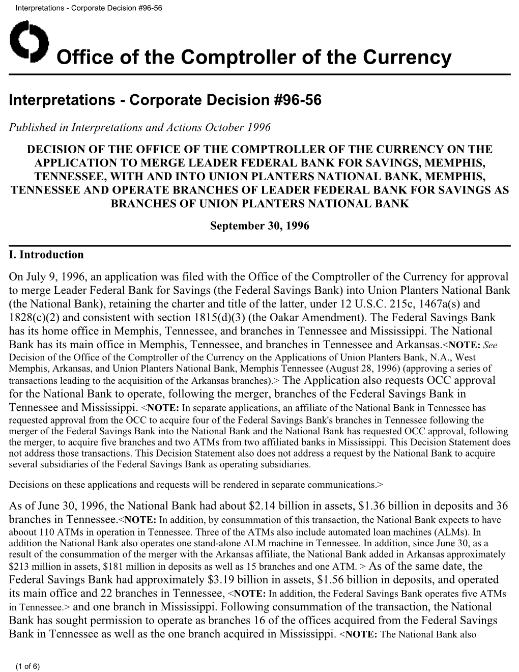 Interpretations - Corporate Decision #96-56
