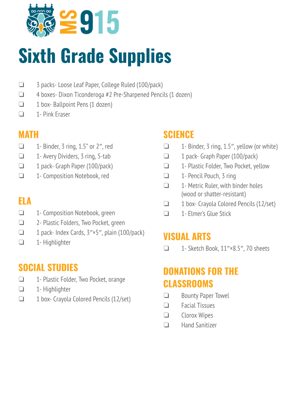 Sixth Grade Supplies