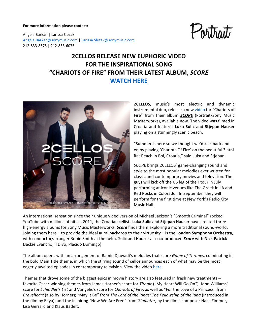 2Cellos Release New Euphoric Video for the Inspirational Song “Chariots of Fire” from Their Latest Album, Score Watch Here