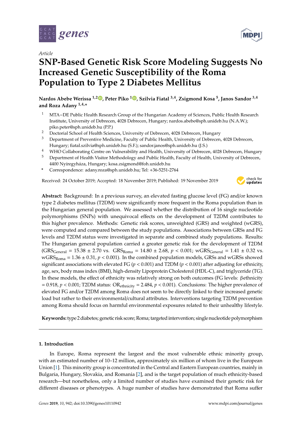 SNP-Based Genetic Risk Score Modeling Suggests No Increased Genetic Susceptibility of the Roma Population to Type 2 Diabetes Mellitus