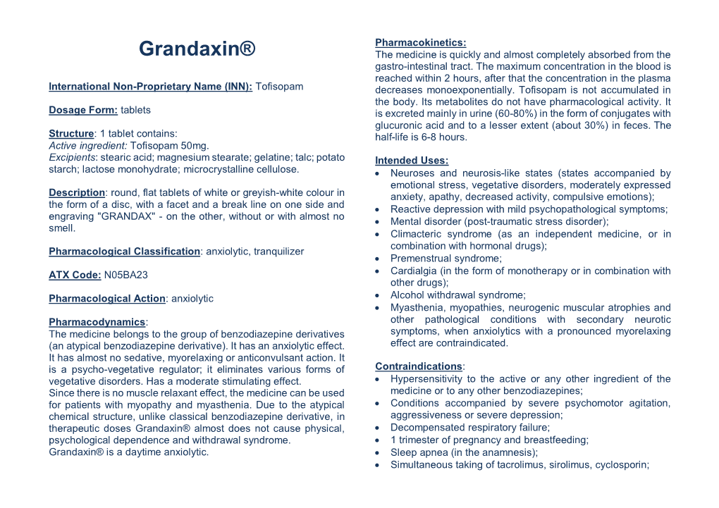 Grandaxin® the Medicine Is Quickly and Almost Completely Absorbed from the Gastro-Intestinal Tract