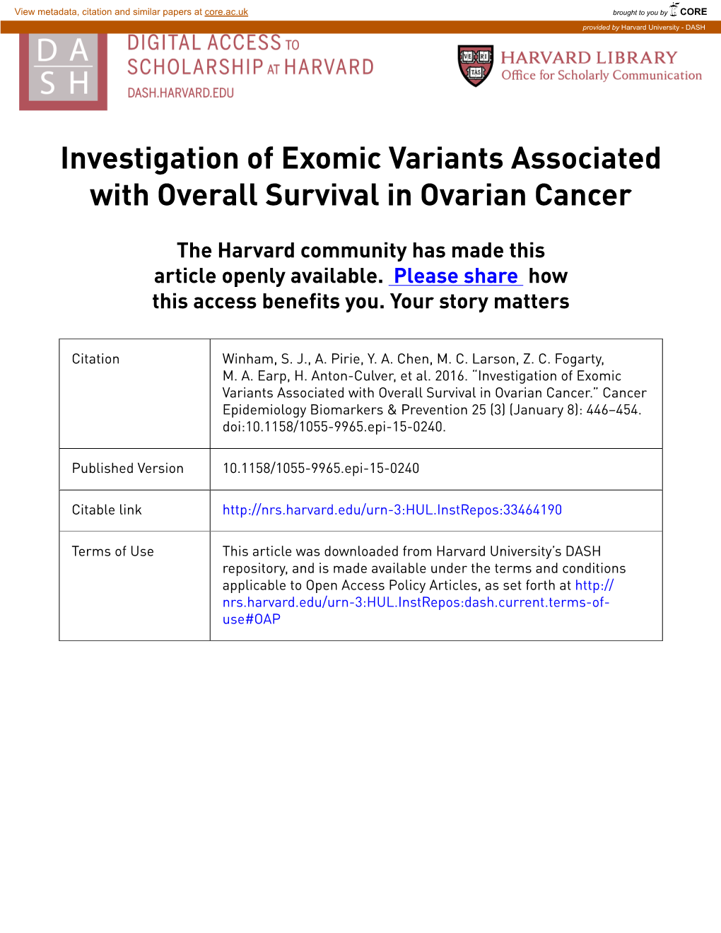 Investigation of Exomic Variants Associated with Overall Survival in Ovarian Cancer