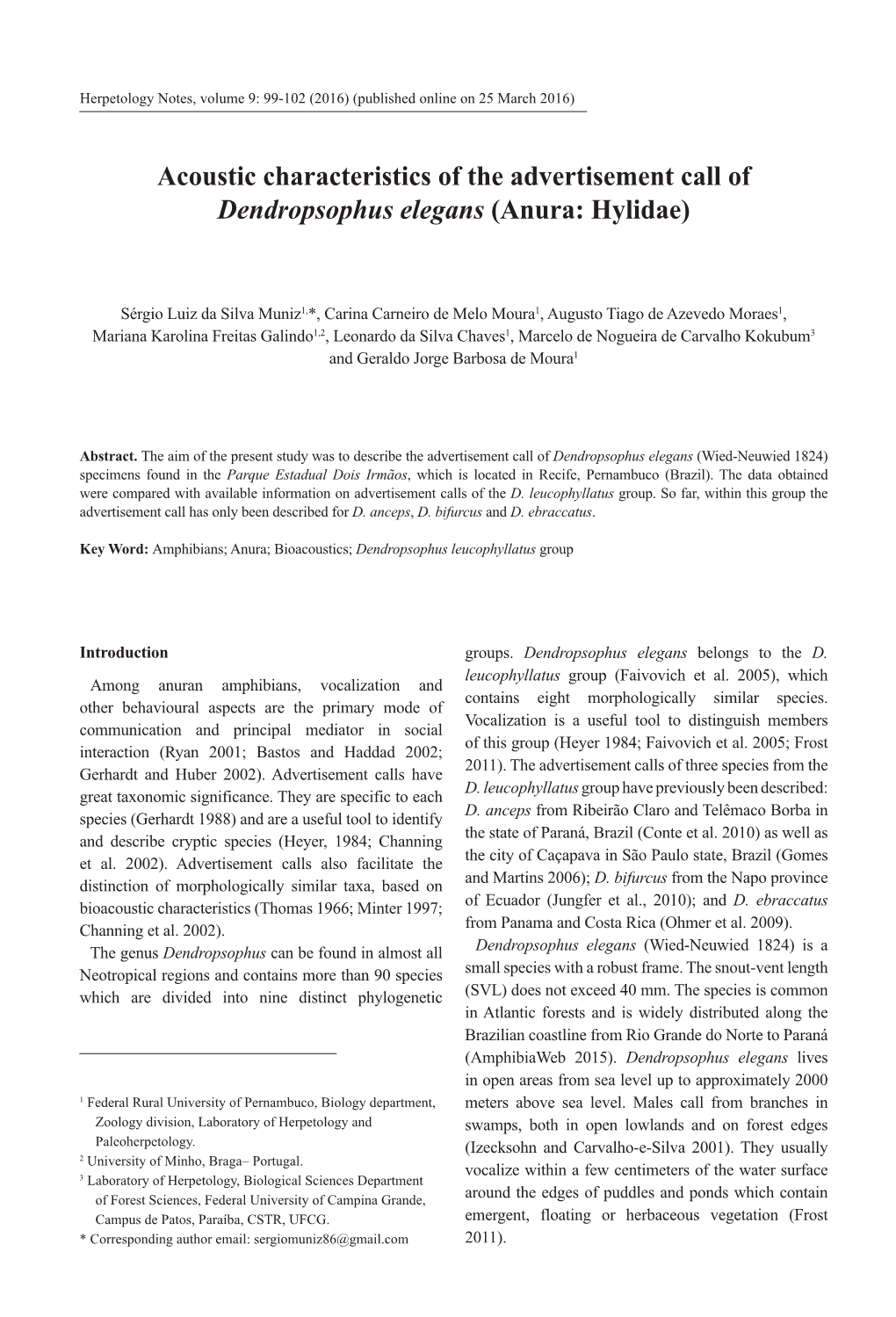 Acoustic Characteristics of the Advertisement Call of Dendropsophus Elegans (Anura: Hylidae)