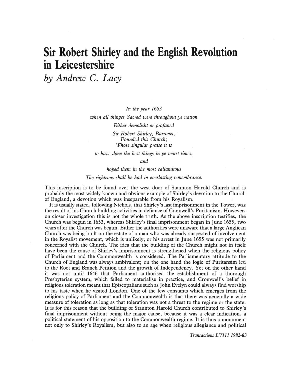 Sir Robert Shirley and the English Revolution in Leicestershire by Andrew C