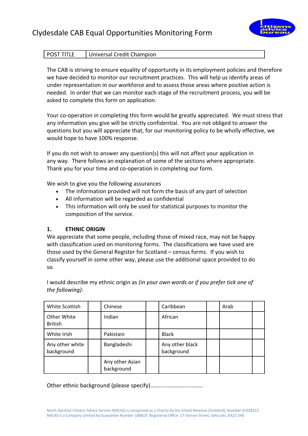 Clydesdale CAB Equal Opportunities Monitoring Form