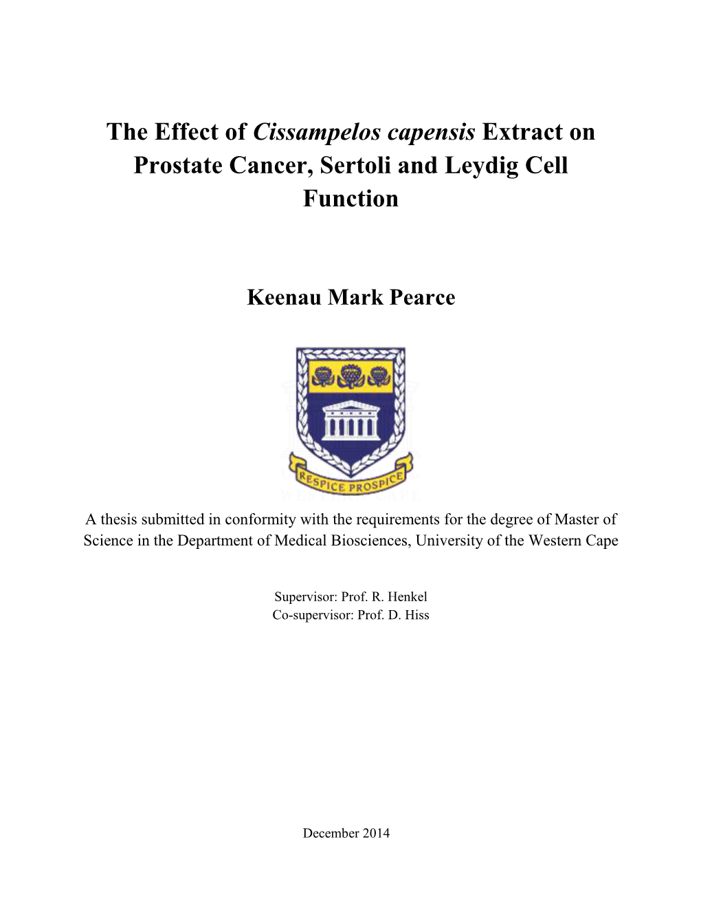 The Effect of Cissampelos Capensis Extract on Prostate Cancer, Sertoli and Leydig Cell Function