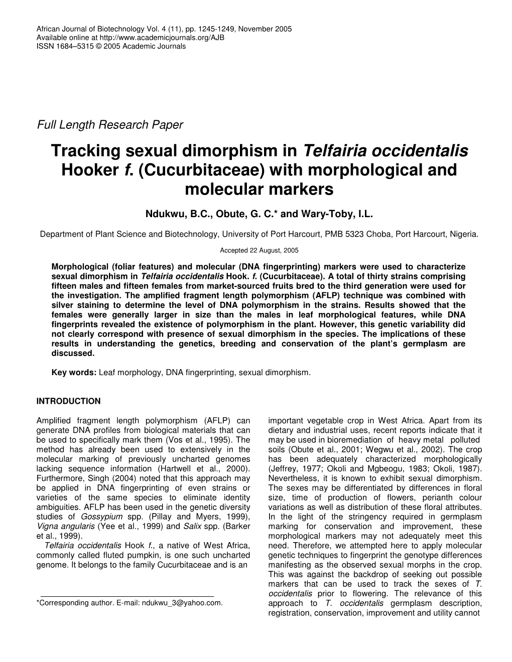 Tracking Sexual Dimorphism in Telfairia Occidentalis Hooker F. (Cucurbitaceae) with Morphological and Molecular Markers