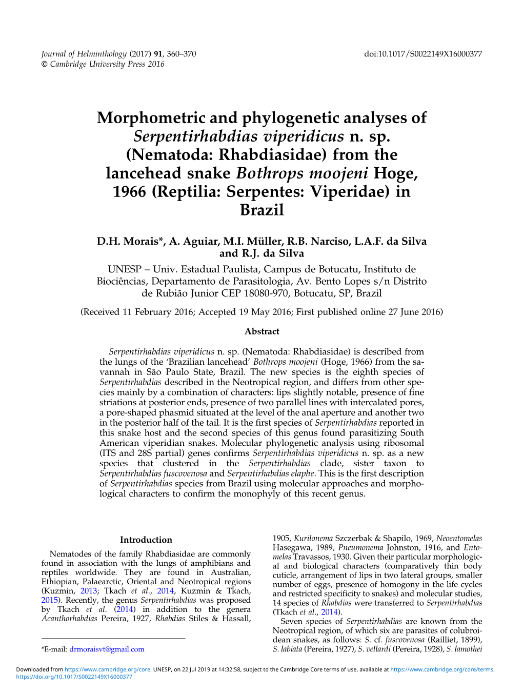 (Nematoda: Rhabdiasidae) from the Lancehead Snake Bothrops Moojeni Hoge, 1966 (Reptilia: Serpentes: Viperidae) in Brazil