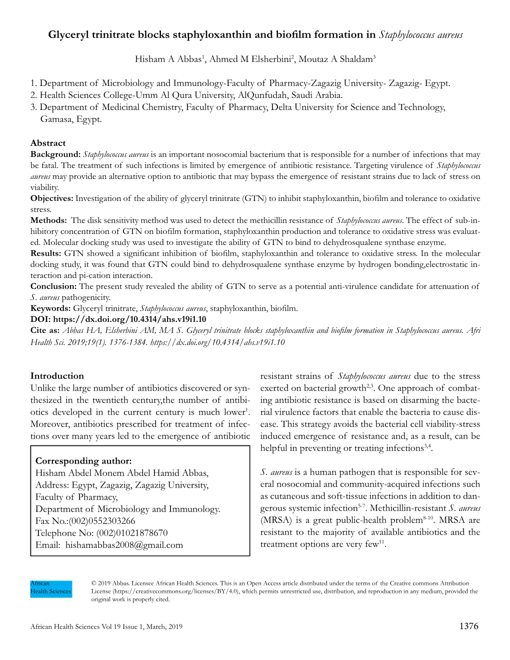 Glyceryl Trinitrate Blocks Staphyloxanthin and Biofilm Formation in Staphylococcus Aureus