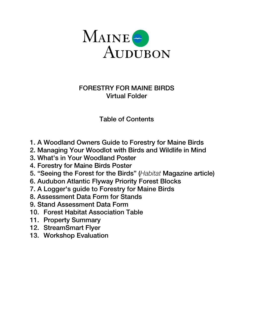 FORESTRY for MAINE BIRDS Virtual Folder Table of Contents 1