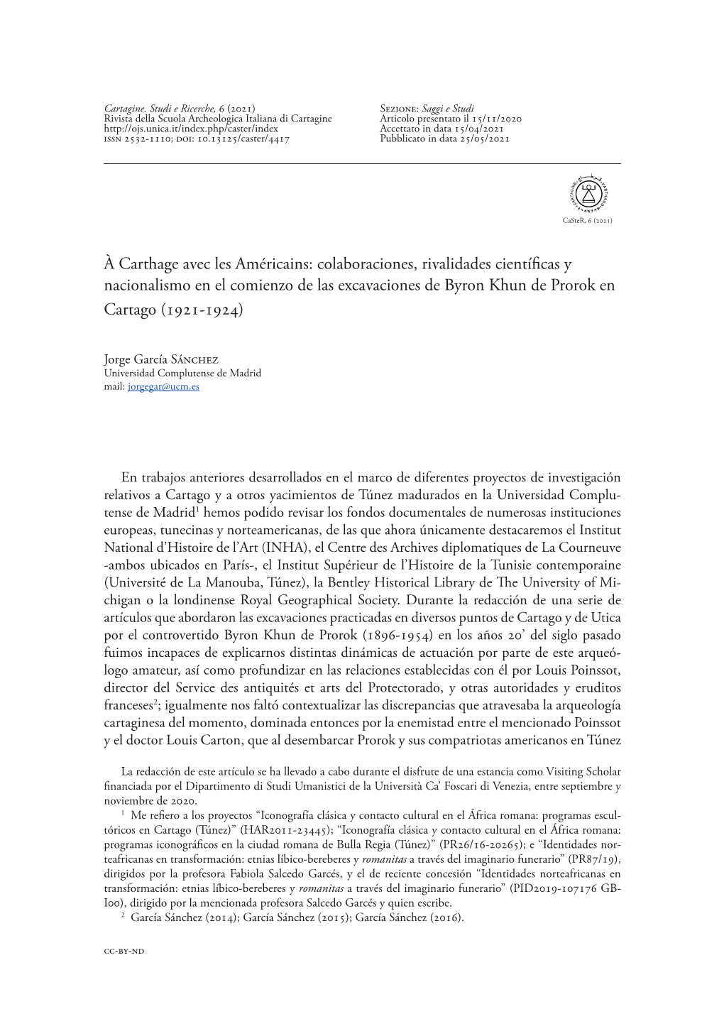 Colaboraciones, Rivalidades Científicas Y Nacionalismo En El Comienzo De Las Excavaciones De Byron Khun De Prorok En Cartago (1921-1924)