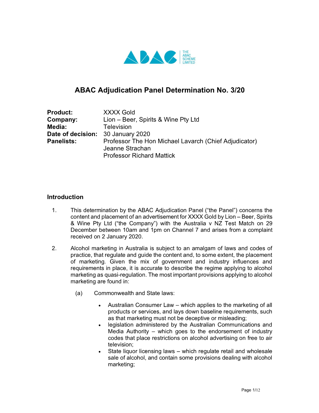 ABAC Adjudication Panel Determination No. 3/20