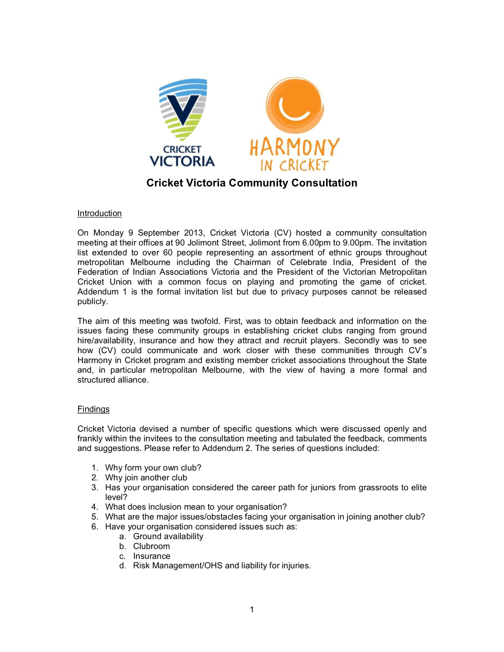 Cricket Victoria Community Consultation
