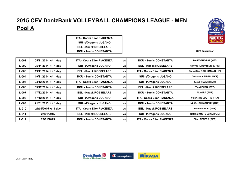 2015 CEV Denizbank VOLLEYBALL CHAMPIONS LEAGUE - MEN Pool A