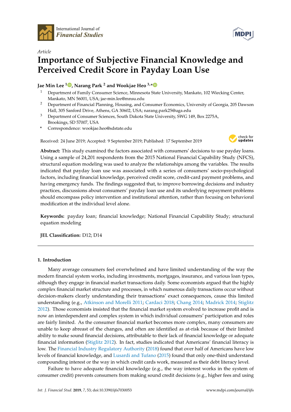 Importance of Subjective Financial Knowledge and Perceived Credit Score in Payday Loan Use