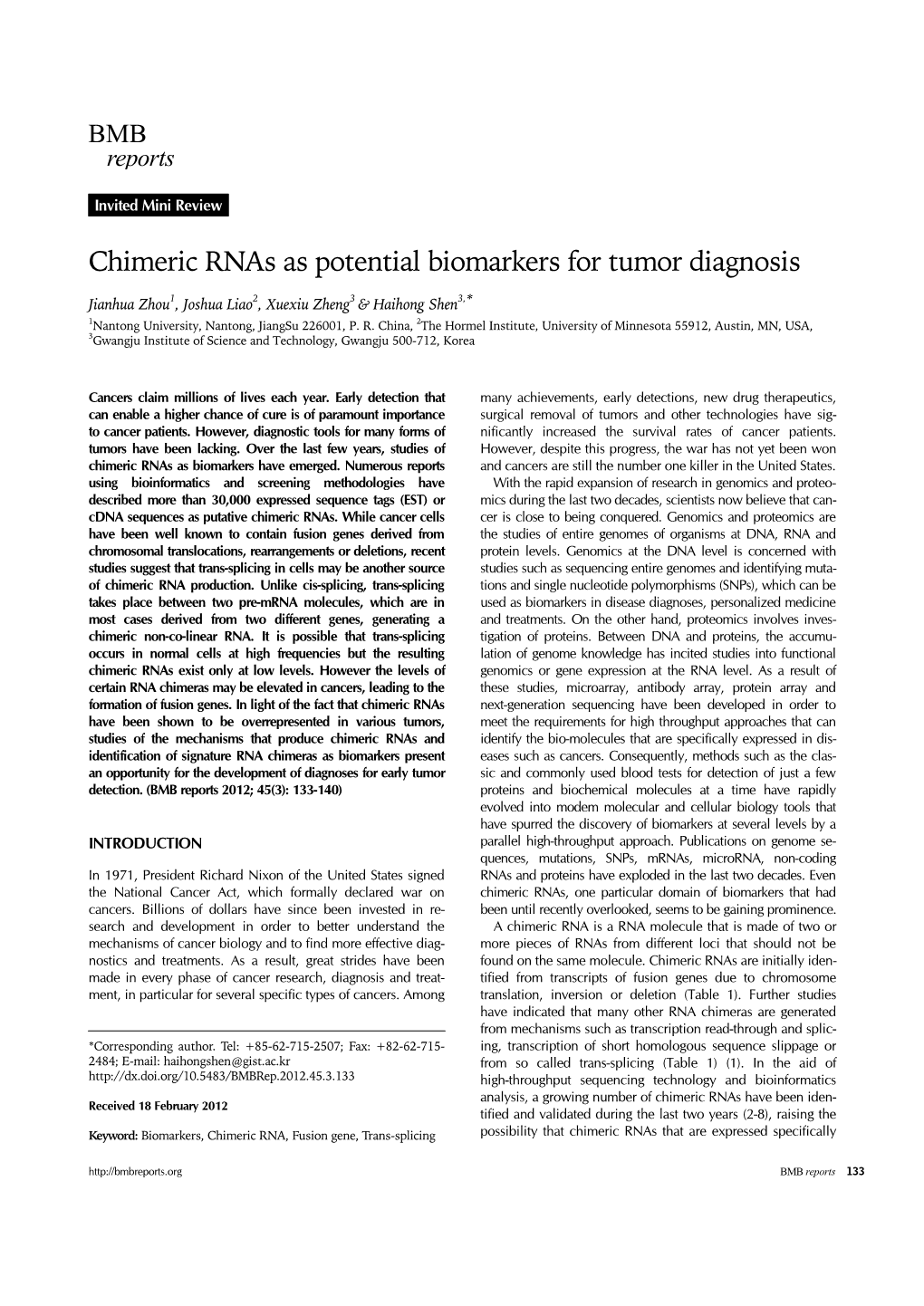 Chimeric Rnas As Potential Biomarkers for Tumor Diagnosis