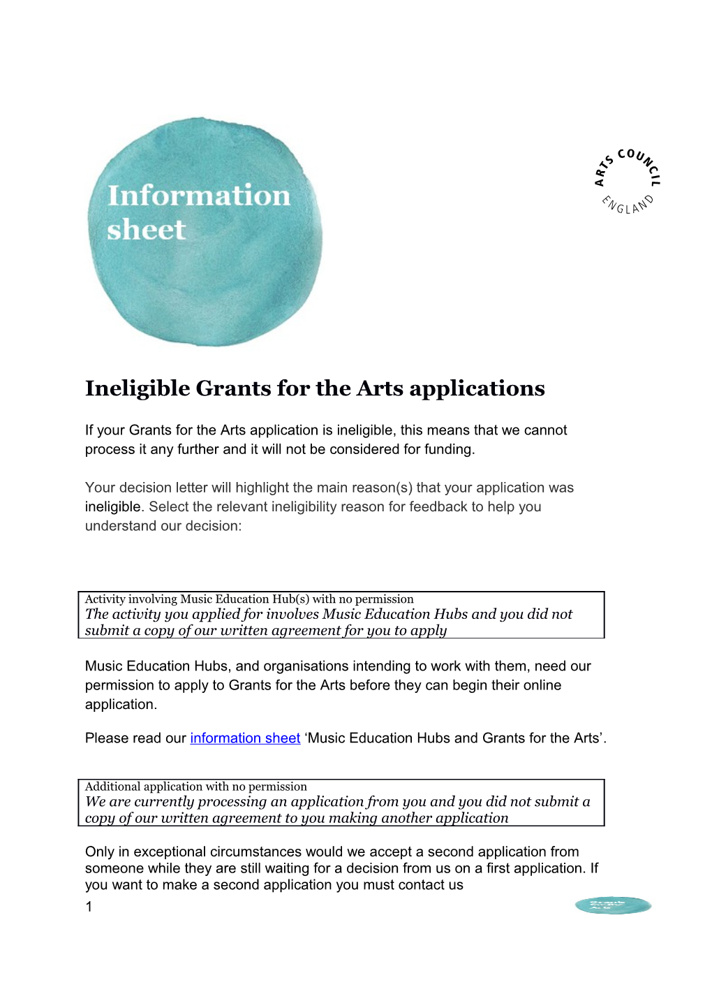 Ineligible Grants for the Arts Applications