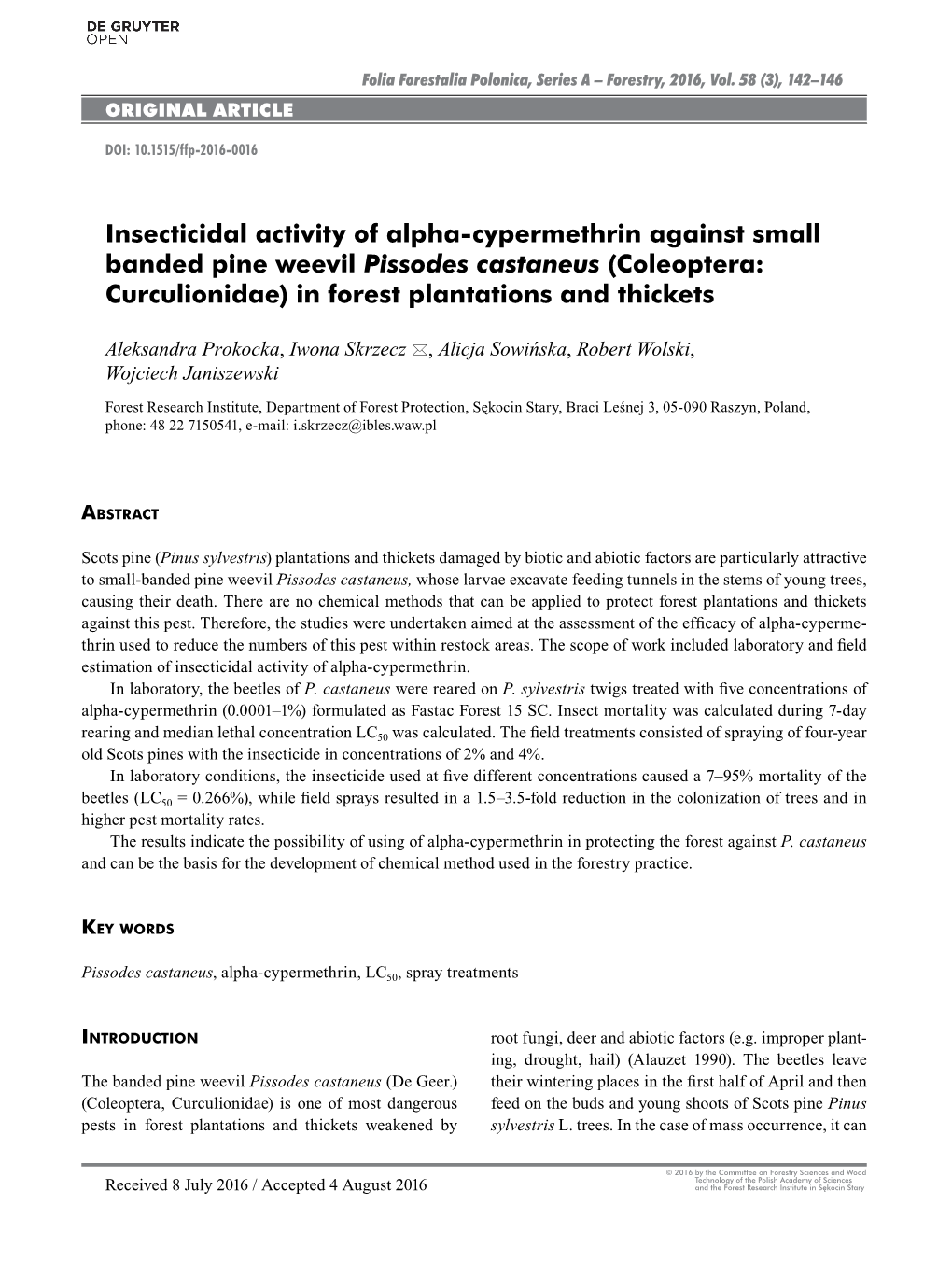 Insecticidal Activity of Alpha-Cypermethrin Against Small Banded Pine Weevil Pissodes Castaneus (Coleoptera: Curculionidae) in Forest Plantations and Thickets