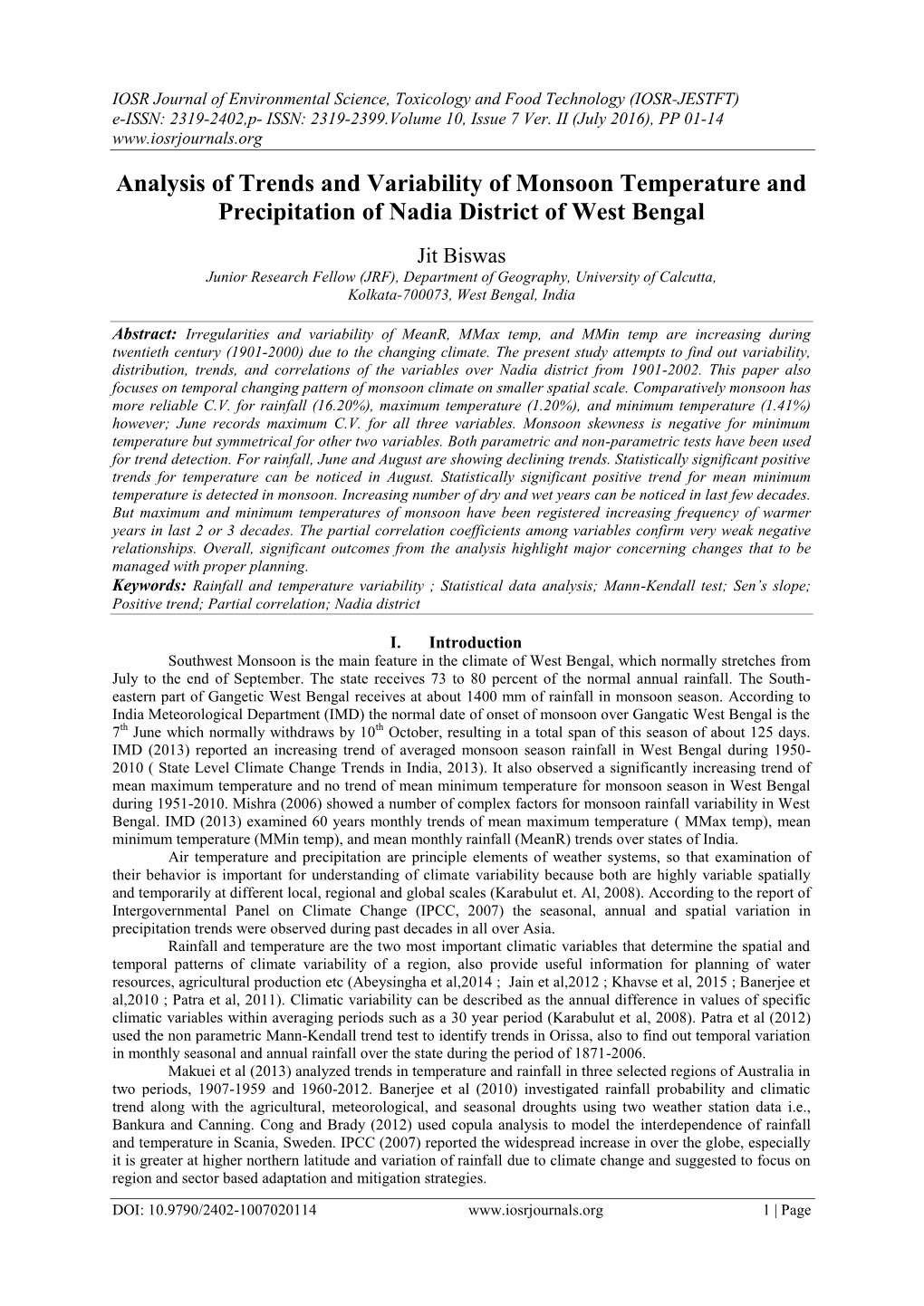 Analysis of Trends and Variability of Monsoon Temperature and Precipitation of Nadia District of West Bengal