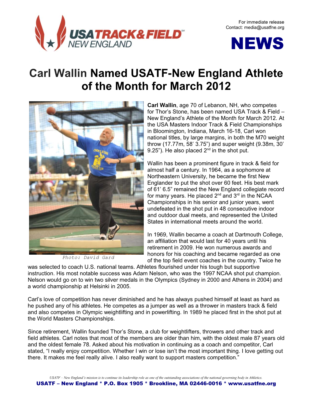 Carl Wallin Named USATF-New England Athlete of the Month for March 2012