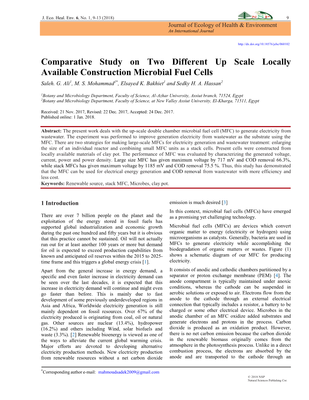 Comparative Study on Two Different up Scale Locally Available Construction Microbial Fuel Cells Saleh