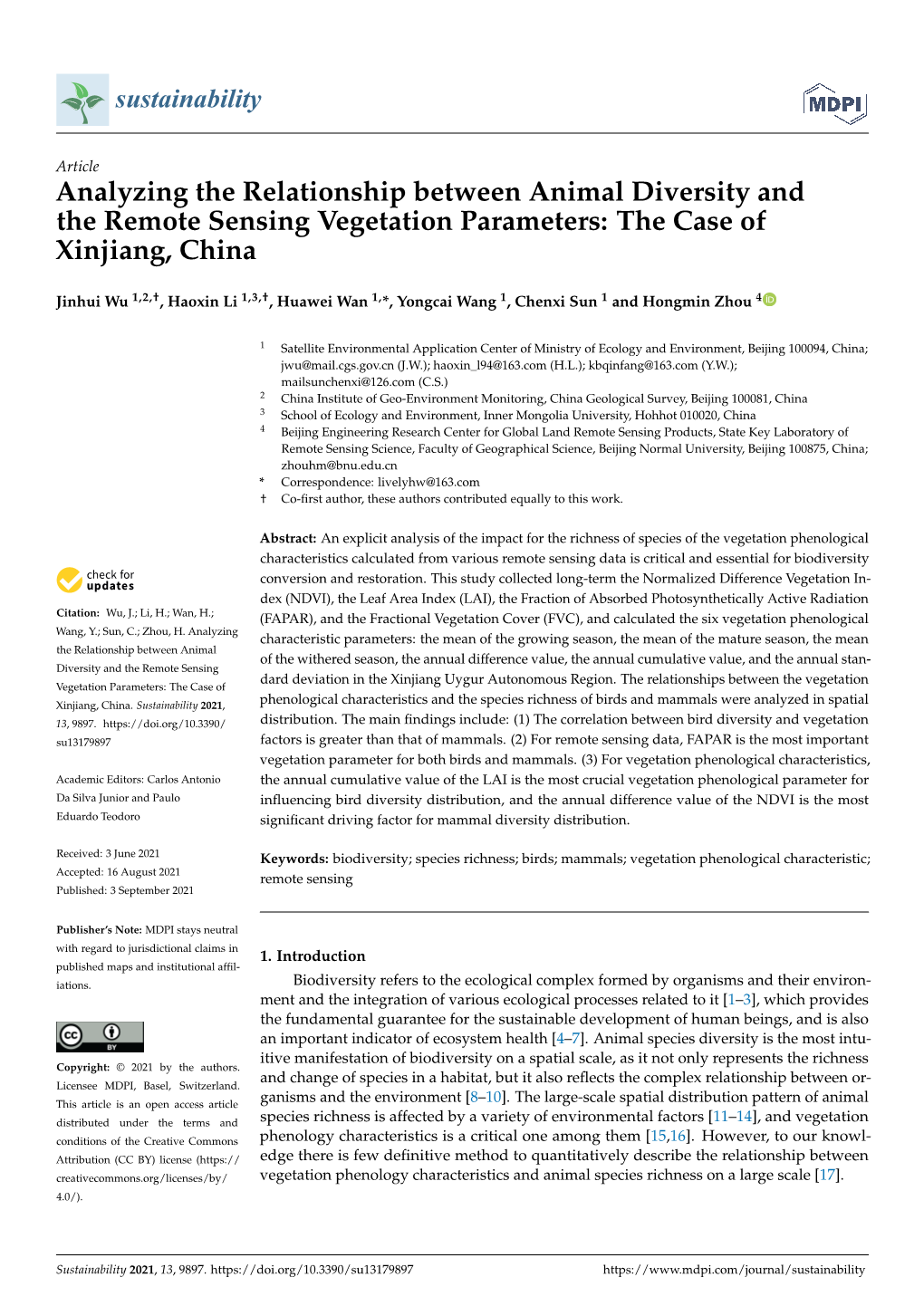Analyzing the Relationship Between Animal Diversity and the Remote Sensing Vegetation Parameters: the Case of Xinjiang, China